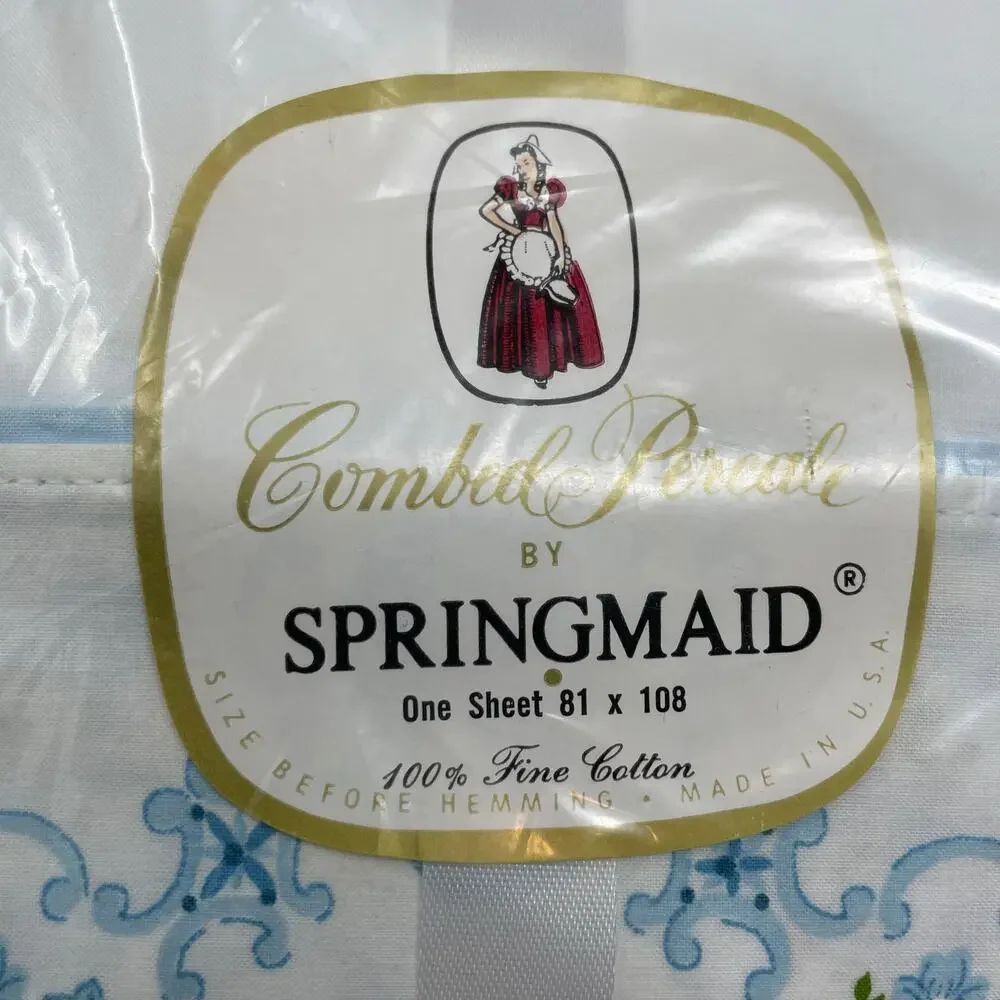 Springmaid Full Size Flat Sheet New Old Stock White with Blue Floral Border